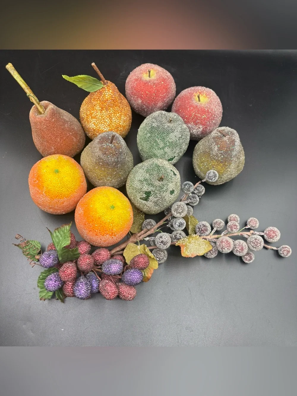 Vintage Fruit Beaded Faux Decor 90s Set of 13 Apple Orange Pear Grapes